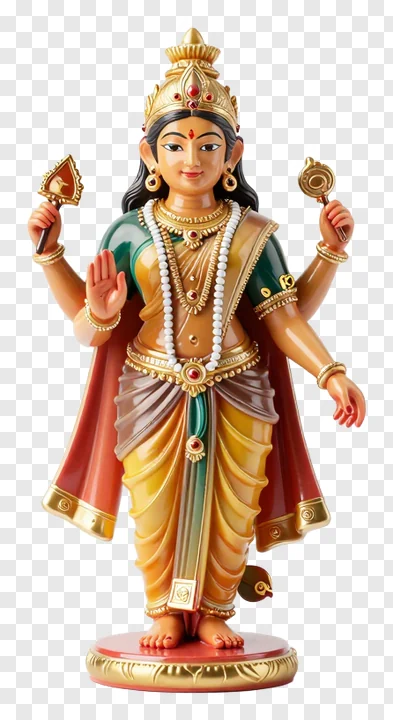 Statue of Goddess Lakshmi wearing a red cape and golden ornaments.
