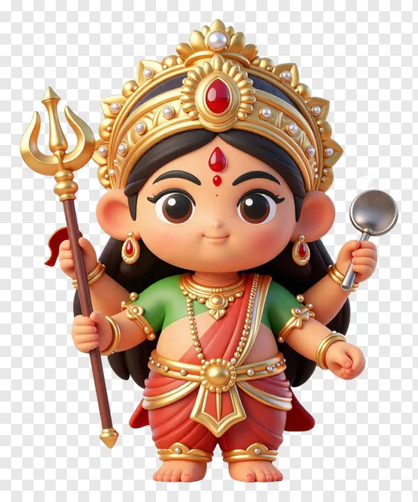 Cartoon goddess Durga with trident and spoon.