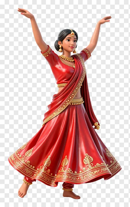 A 3D dancer in a red lehenga performing a Garba dance with arms raised.