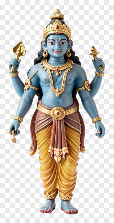 Four-armed blue Ravana statue wearing ornate gold accessories.