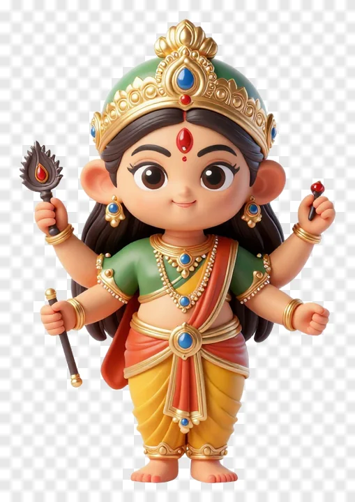 A cute cartoon Durga holding a trishul.