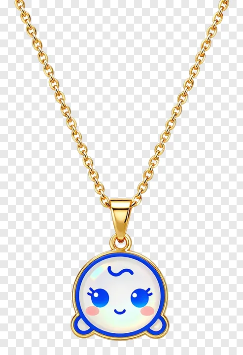 Gold necklace with a cartoon face pendant.