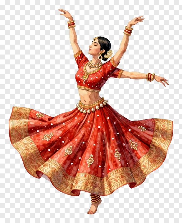 A woman in a red lehenga dancing in a dynamic pose.