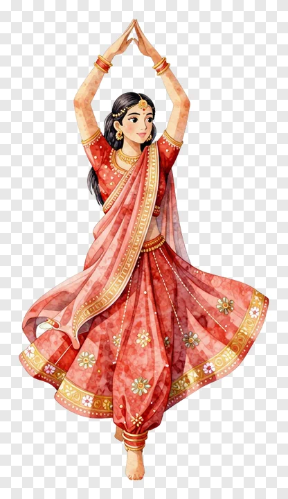 A woman in a red lehenga dancing Garba in watercolor style.