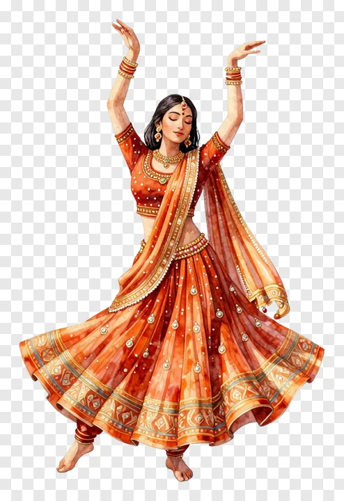 A woman in an orange lehenga dancing Garba with raised arms.