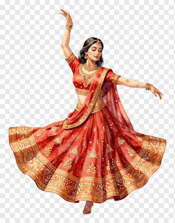 A woman in a red lehenga dancing in watercolor style.
