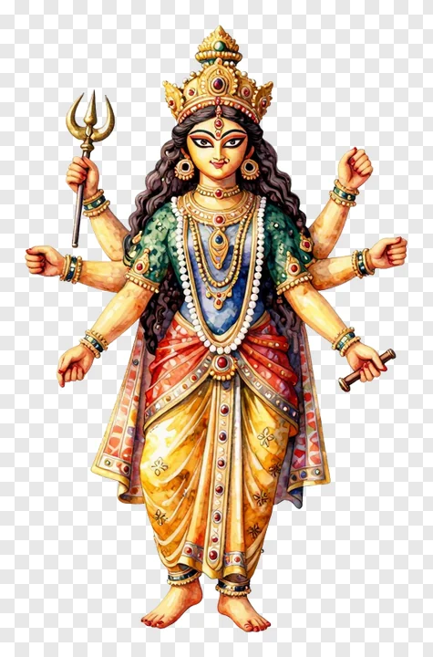 Watercolor painting of goddess Durga holding a trishul.