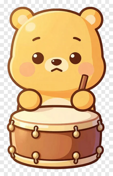 A cute golden bear playing a drum.