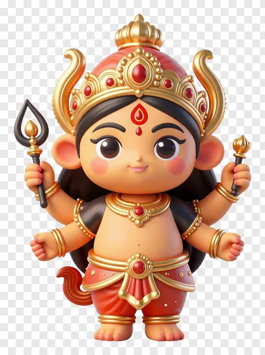 Cute Durga with four arms holding trishul and lotus.