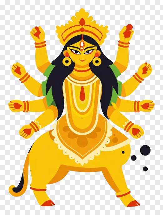 Golden goddess Durga riding a lion with multiple arms.