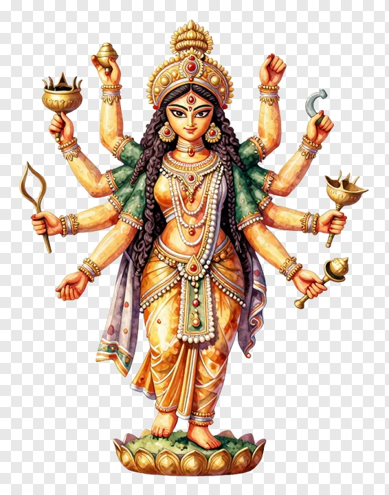 Goddess Durga depicted with eight arms and traditional ornaments.
