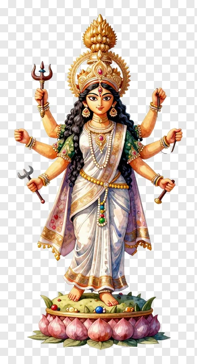 Goddess Durga standing on a lotus flower with eight arms and a trishul.
