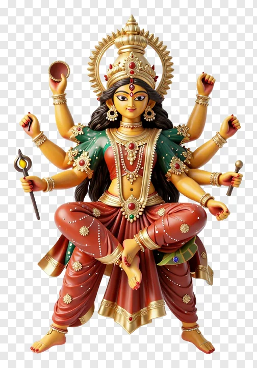 Goddess Durga statue with eight arms wearing golden crown and red dress.
