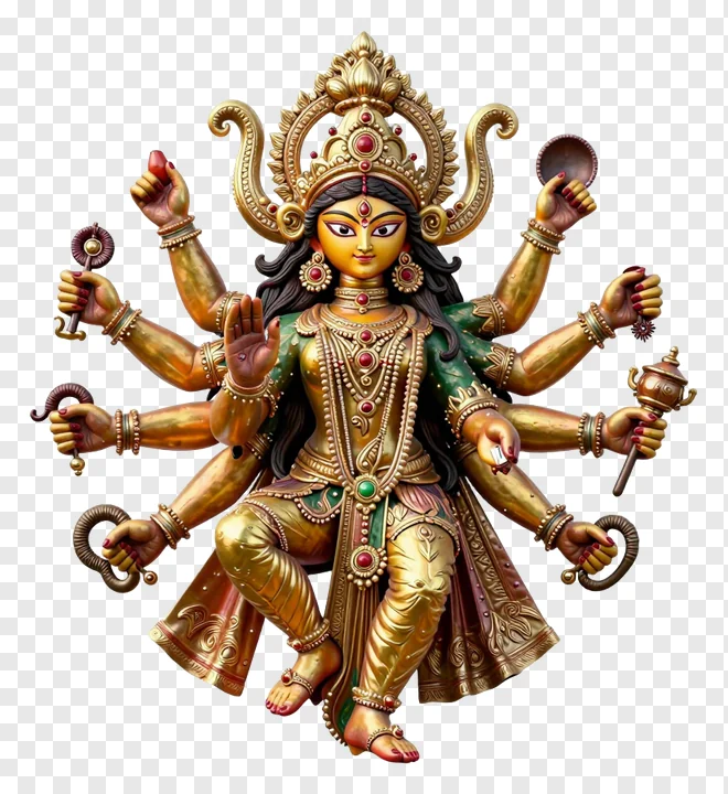 Golden statue of Goddess Durga with multiple arms and serpent motifs.