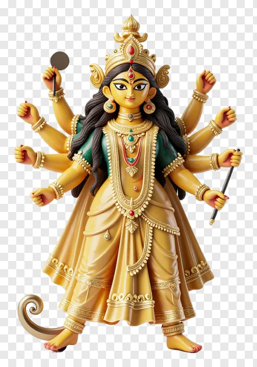 Statue of Goddess Durga with serpentine tail and multiple arms.