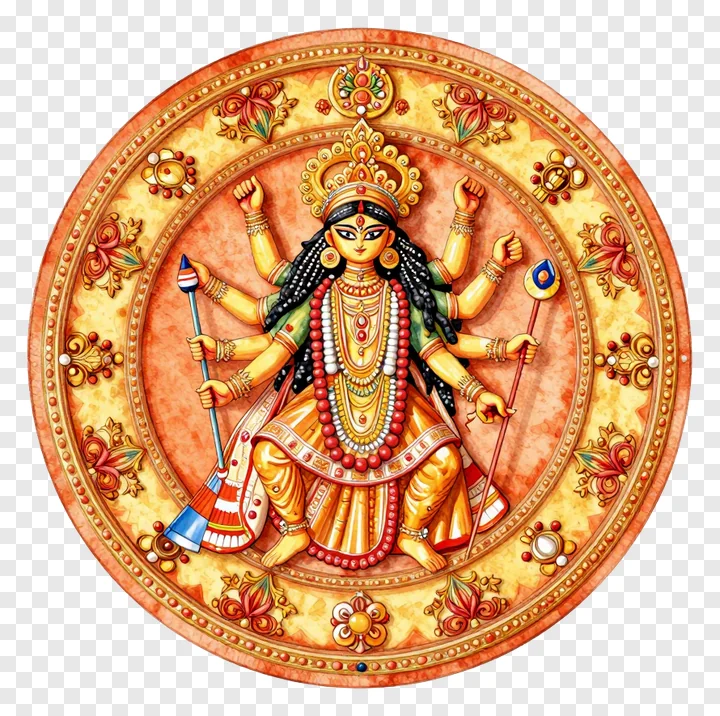 Golden eight-armed Durga goddess in a decorative circular frame.