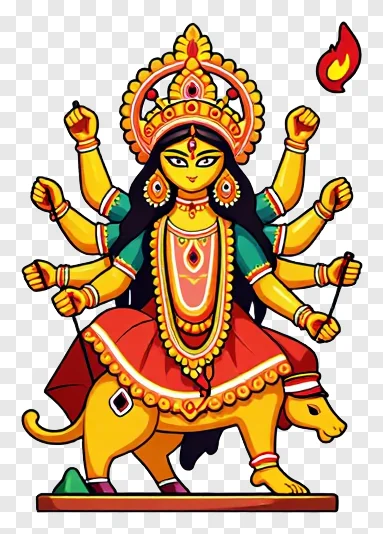Golden Durga goddess with eight arms riding a lion.