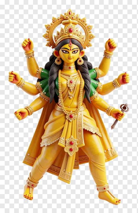 Golden eight-armed Durga statue with weapons and crown.