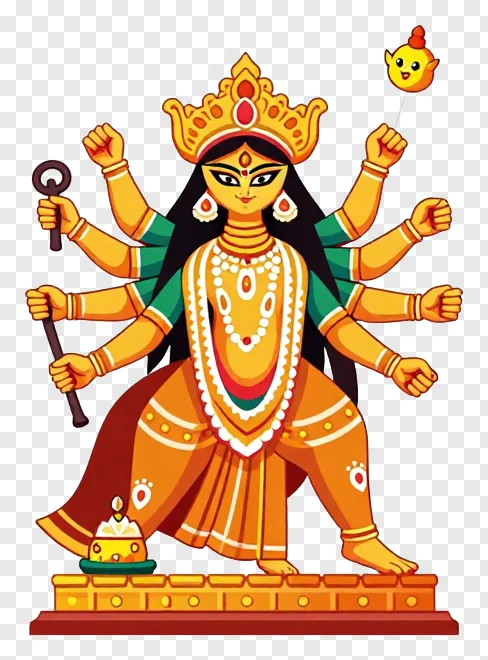 Cartoon goddess Durga with multiple arms and a candy stick.