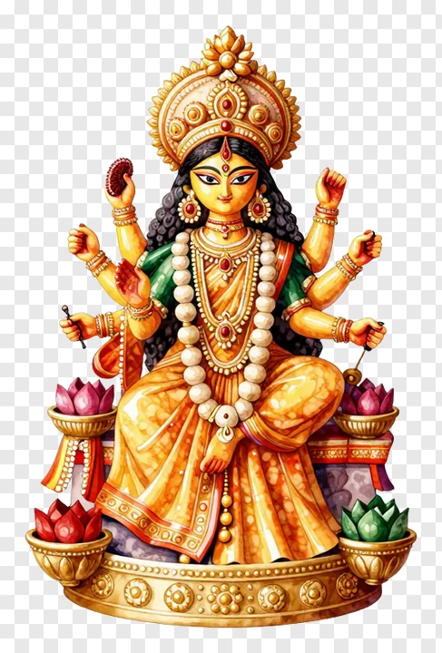 Eight-armed Goddess Durga statue wearing gold ornaments and sitting on a decorated pedestal.