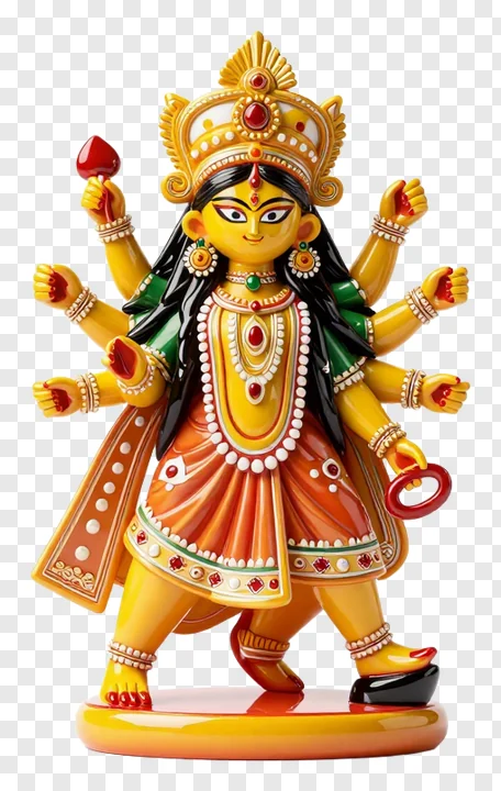 Golden eight-armed Durga statue holding a red weapon.