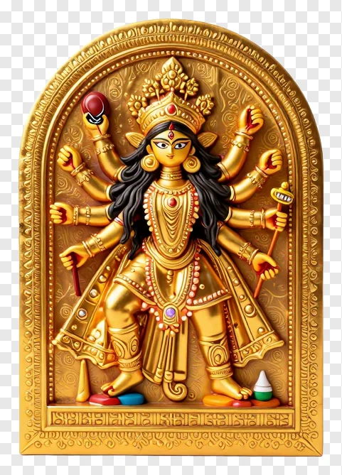 Golden eight-armed Durga statue holding weapons.