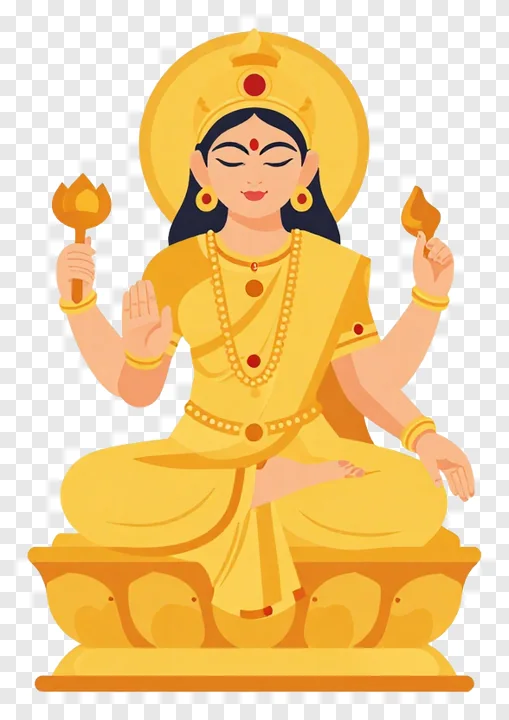 Golden statue of Goddess Lakshmi with four hands holding torch and flame.