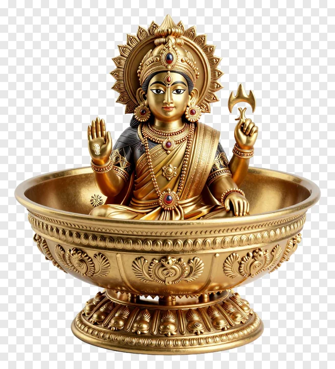 Golden Lakshmi deity seated in a decorative bowl.