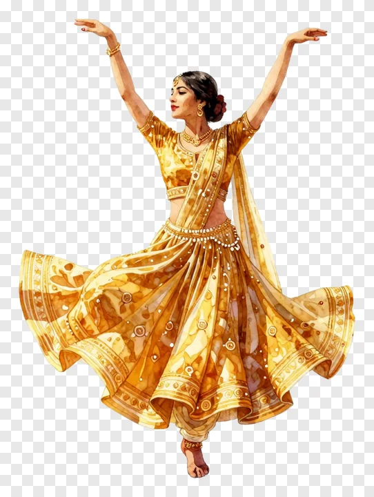 A woman in a golden lehenga dancing Garba with arms raised.