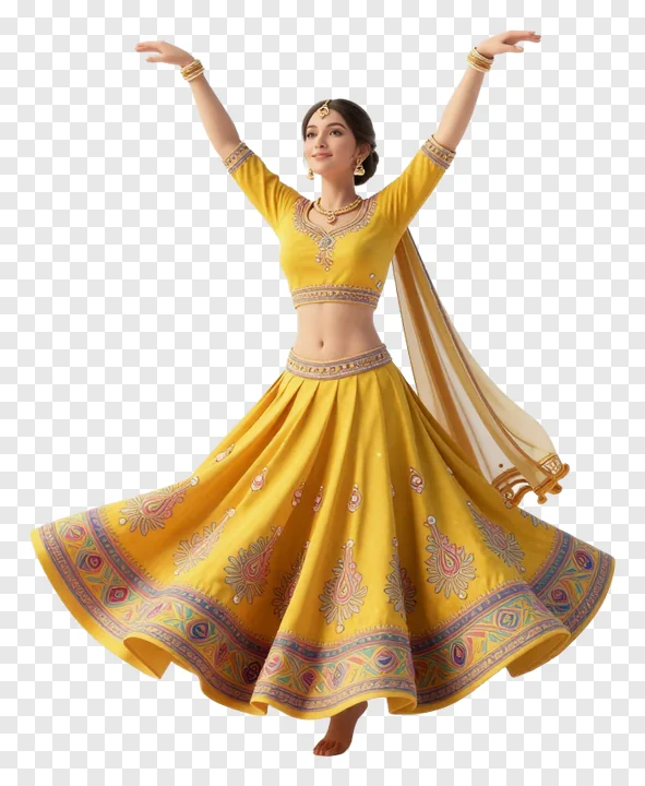A dancer in a golden lehenga performing a Garba dance.