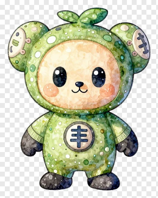 A green watercolor-style cartoon bear with leaf ears and a Chinese character on its chest.