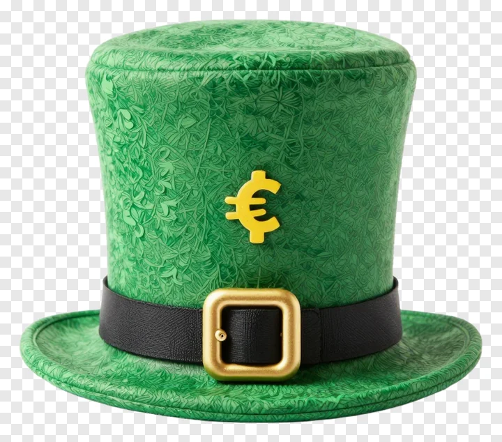 Green leprechaun hat with euro symbol and black belt.