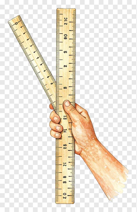 A hand holding a wooden ruler with measurement markings.