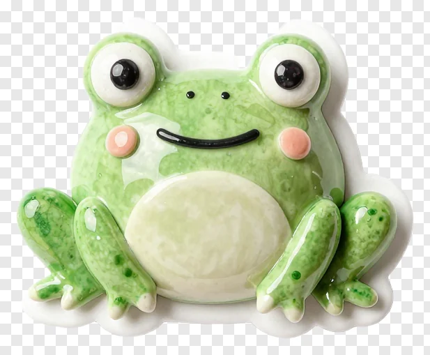 A green ceramic frog charm with big eyes and a smile.