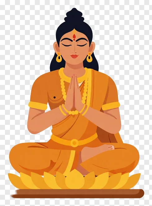 A Hindu woman meditating in a prayer pose on a lotus flower.
