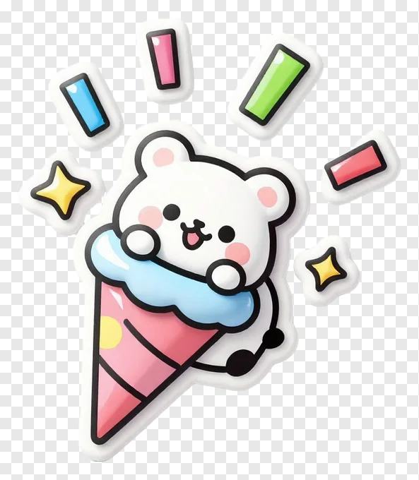 Cute cartoon bear enjoying an ice cream cone with festive confetti around it.