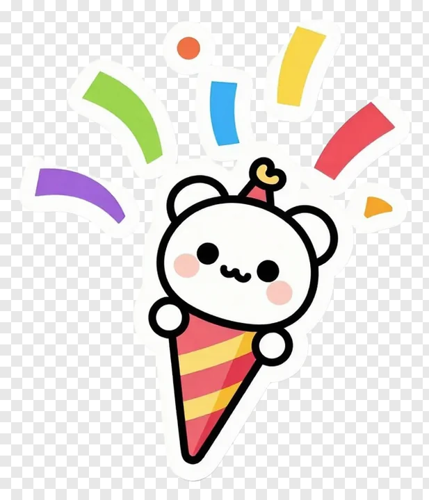 A cartoon bear in an ice cream cone with colorful confetti.