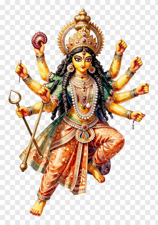 Golden Durga goddess with eight arms holding a trishul.