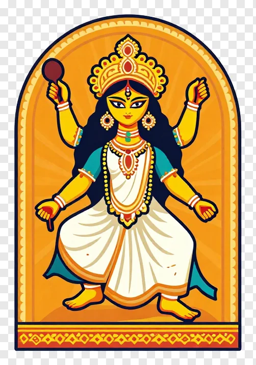 Eight-armed goddess Durga with raised hands and golden crown.