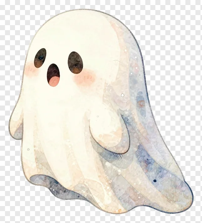 A cute watercolor ghost with blue washes and blush cheeks.