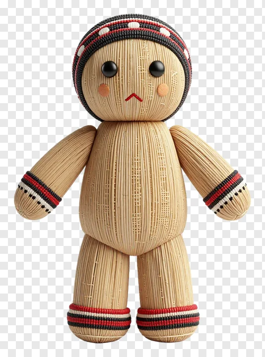 Handcrafted corn husk doll with woven hat and striped bands.