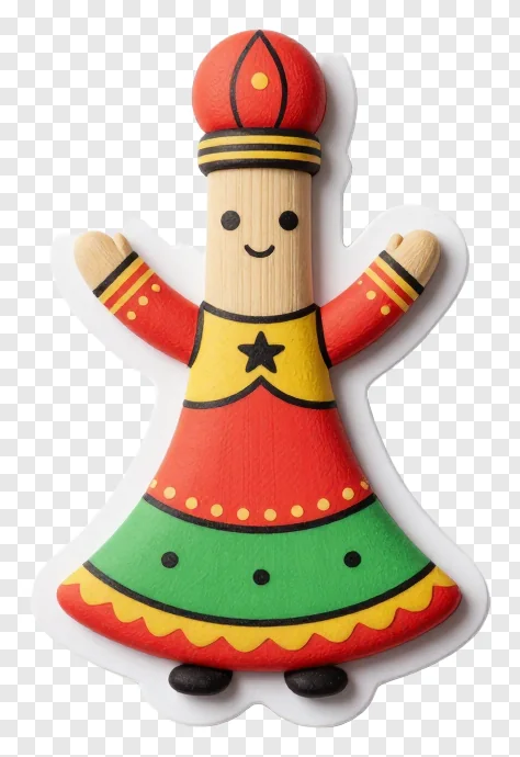 A wooden dandiya stick dressed in red, green, and yellow, dancing with arms raised.