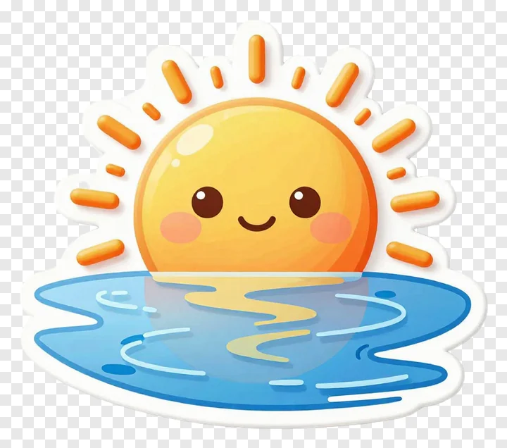 A cute, smiling sun rising over water with orange rays.