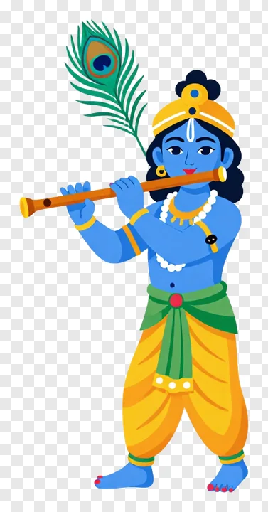Blue-skinned Krishna playing flute with peacock feather.