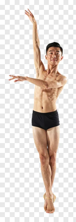 Male dancer performing with one arm raised.