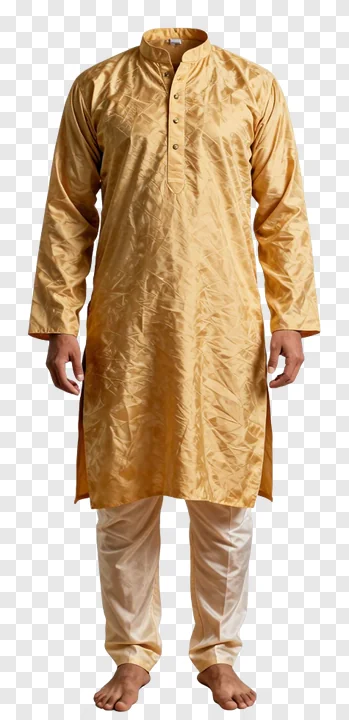 Man wearing a golden silk kurta and cream pajama pants.
