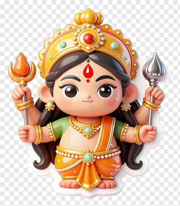 Cute cartoon Durga holding a trishul and torch.