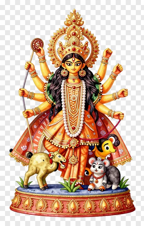 An orange-colored statue of Goddess Durga with multiple arms and animal figures around her base.