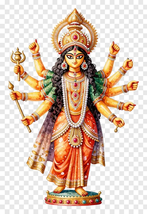 Golden Durga goddess with eight arms holding weapons.