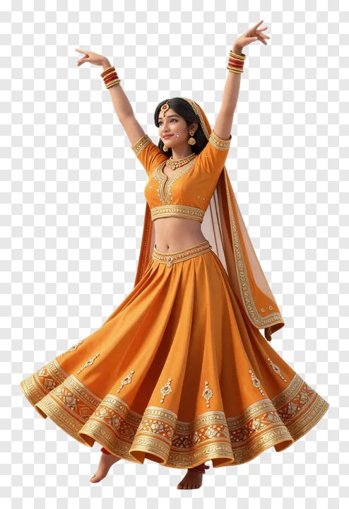 A woman dancing in an orange traditional Indian outfit.